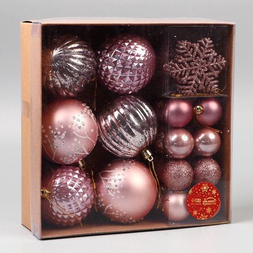 Ёлочные игрушки, набор 30 шт., Торжество, d=7 и 3.5 см, снежинка-6.5 см, бежевый/розовый - Зимнее волшебство фото 3