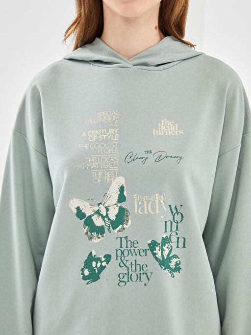 Kap??onlu Bask?l? Oversize Kad?n Sweatshirt Tunik