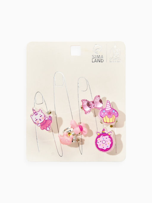 Кольца детские набор 6 шт. «Выбражулька. Котик, единорог», форма МИКС, розовый, безразмерное