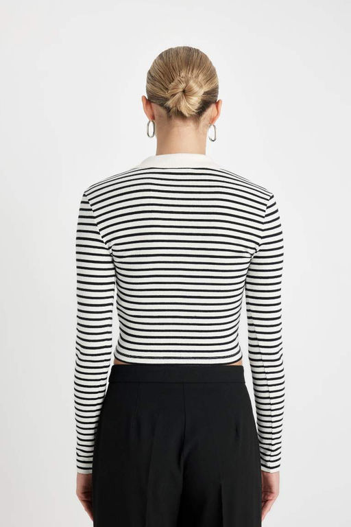 Приталенная полосатая футболка с воротником-поло и длинными рукавами - Defacto фото 6