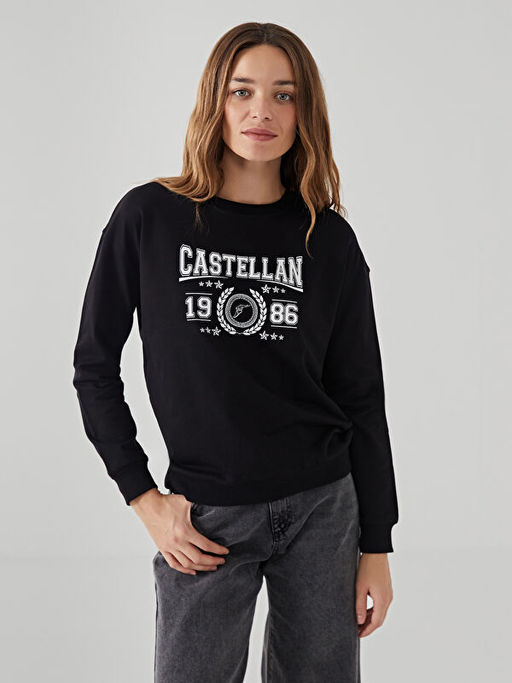 Bisiklet Yaka Bask?l? Kad?n Sweatshirt