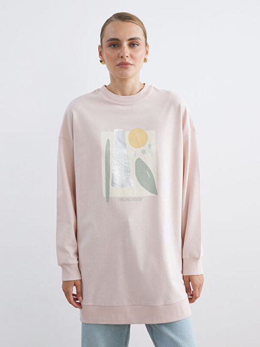 Bisiklet Yaka Bask?l? Kad?n Sweatshirt Tunik