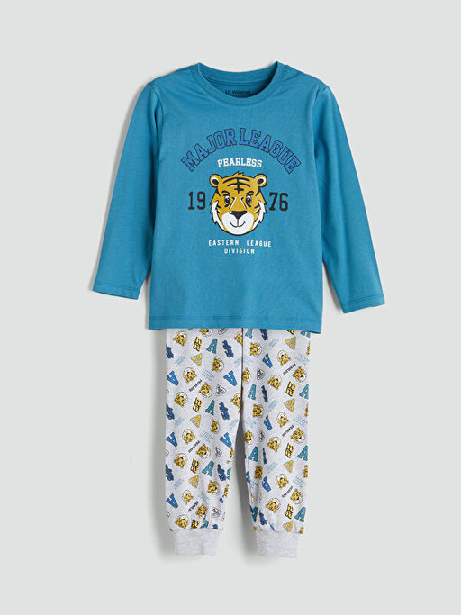 Bask?l? Penye Erkek ?ocuk Pijama Tak?m
