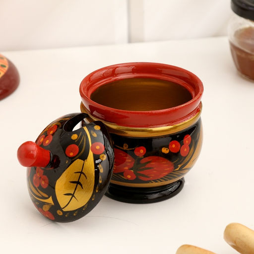 Солонка с крышкой «Ягодка», большая, 10×8 см, хохлома, дерево