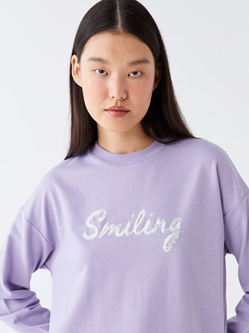 Bisiklet Yaka Bask?l? Uzun Kollu Oversize Kad?n Sweatshirt Tunik