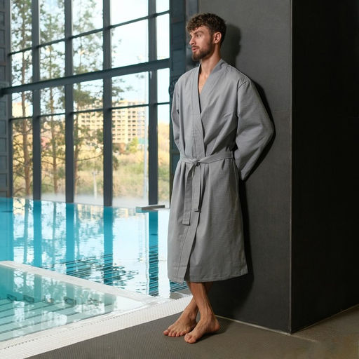 Халат вафельный мужской удлинённый Экономь и Я размер 50-52, цвет серый, 100% хлопок, 200 г/м²