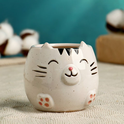 Горшок для цветов «Котёнок», 200 мл,8×8×8 см, керамика, бежевый