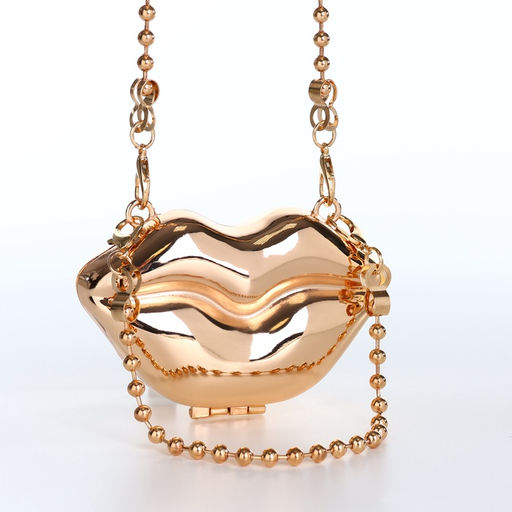 Сумка мини-клатч на магните, в форме губ, жёсткий корпус, на длинной цепочке, золотистая