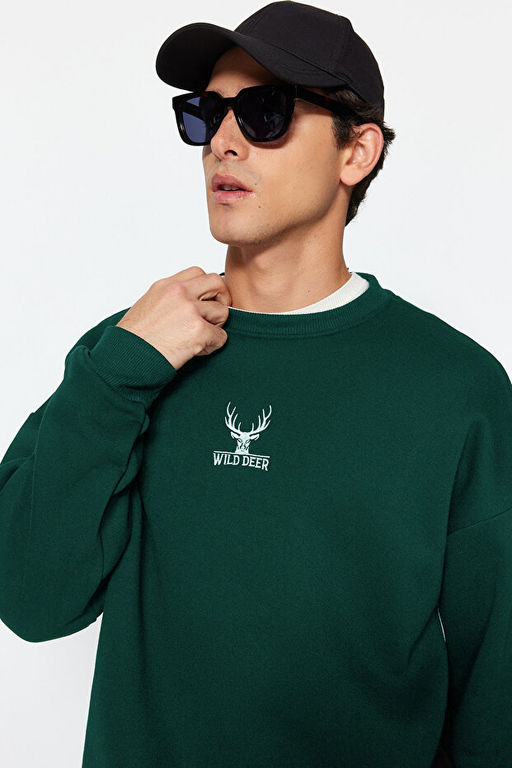 Ye_il Oversize/Geni_ Kesim Bisiklet Yaka Uzun Kol Hayvan Nak__l_ Sweatshirt TMNAW24SW00169 - Trendyolmilla фото 2