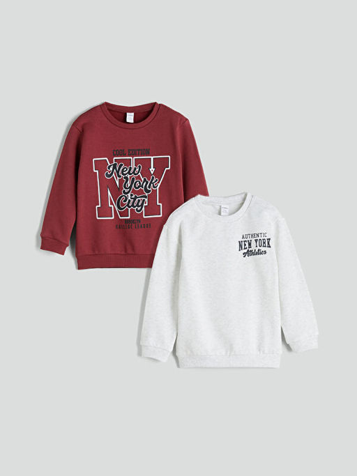 Bisiklet Yaka Bask?l? Erkek ?ocuk Sweatshirt 2li