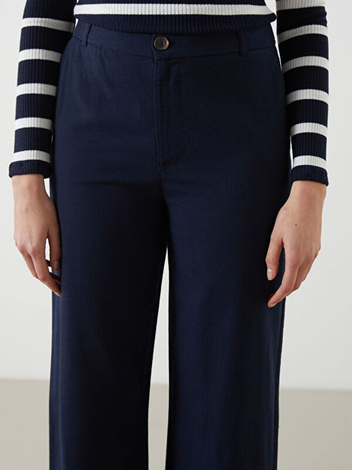 Standart Fit D?z Keten Kar???ml? Kad?n Pantolon