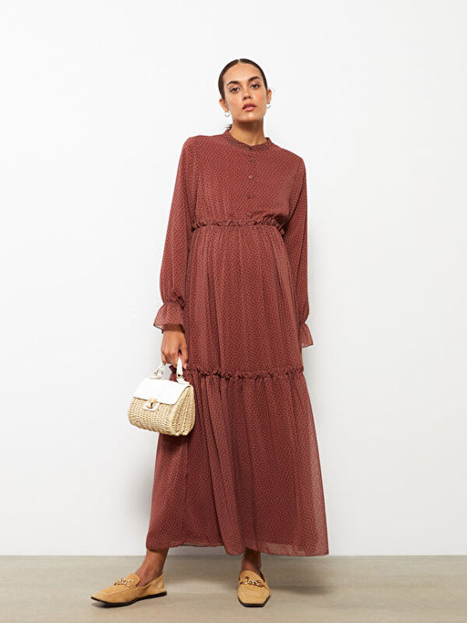 Bisiklet Yaka Desenli Uzun Kollu Hamile Elbise