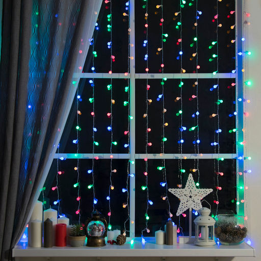 Гирлянда Занавес 2?1.5 м с насадками Шарики, IP20, прозрачная нить, 360 LED, свечение мульти, 8 режимов, 220 В