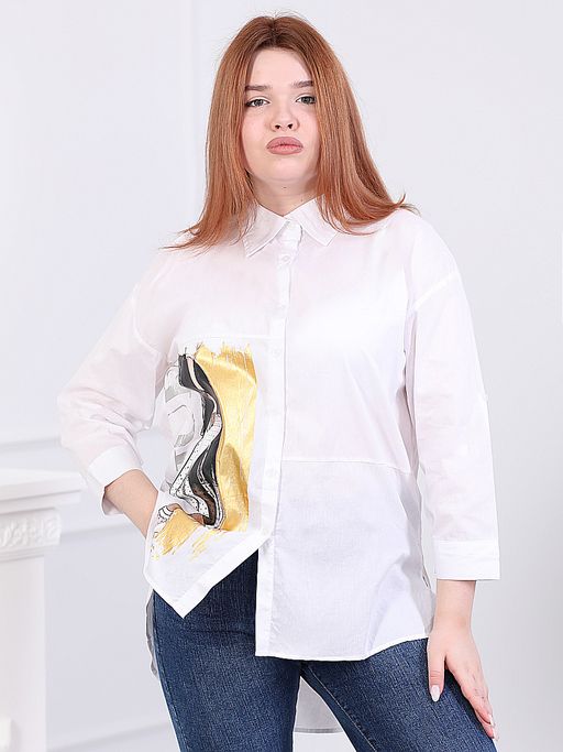 Белая рубашка классическая из хлопка с рисунком - Almond фото 4