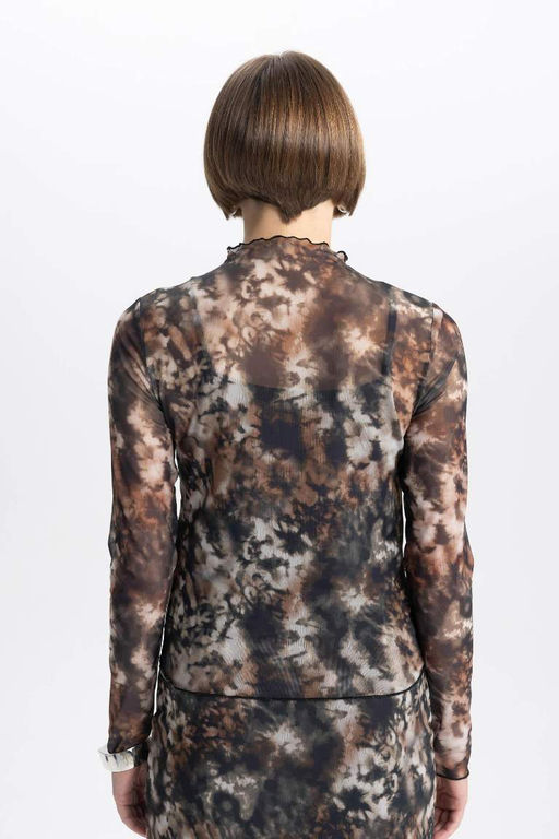 Футболка приталенного кроя с полуводолазкой и длинными рукавами из тюля - Defacto фото 7