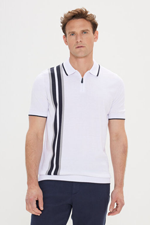 Standart Fit Normal Kesim %100 Pamuk Polo Yaka Beyaz-Lacivert Triko Ti__rt 4A4924200021BZC