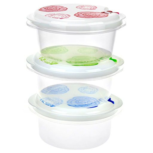 Контейнер пластмассовый Розы 0,9л - д15см h6,5см, набор 3шт, с пароотводом, для хранения в холодильнике, цвета микс (Китай)