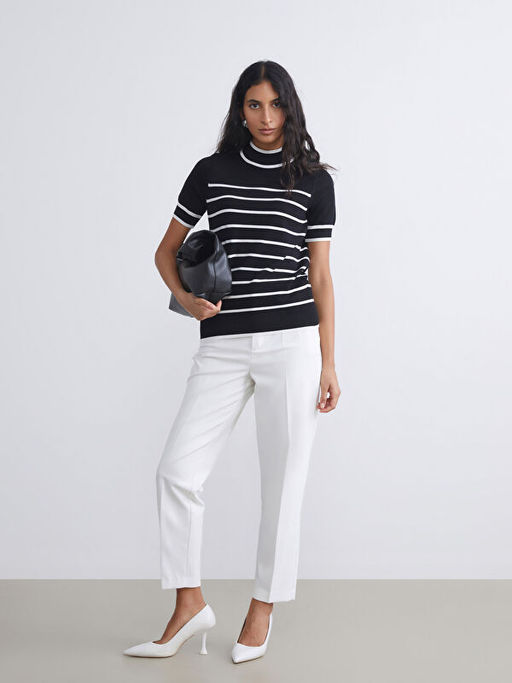 Dik Yaka ?izgili Kad?n Triko Kazak