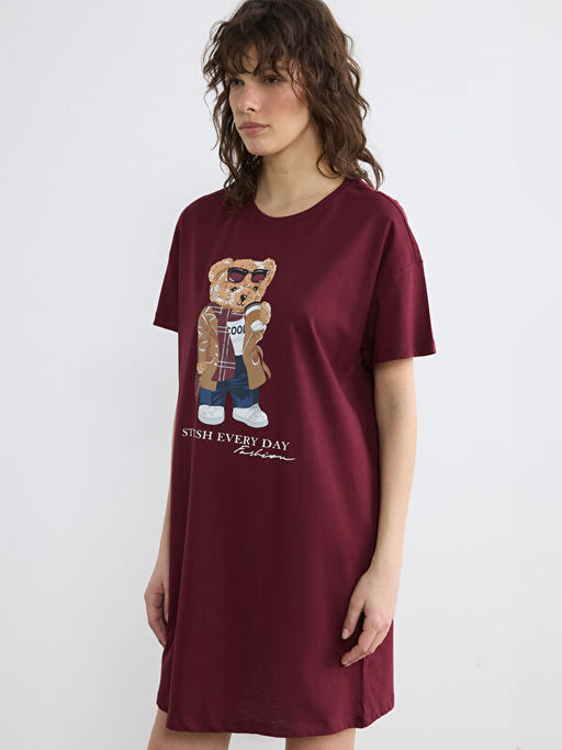 Bisiklet Yaka Ay? Teddy Bask?l? Kad?n Gecelik