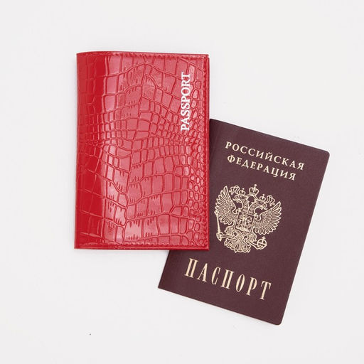 Обложка для паспорта, фактура крокодил, тиснение серебряной фольгой, красная