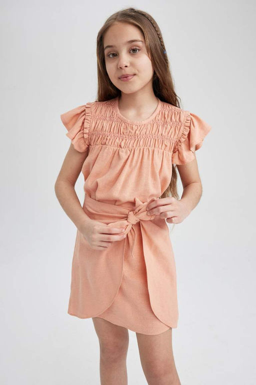 Блузка с короткими рукавами и круглым вырезом для девочек - Defacto фото 5