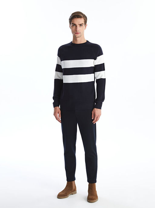 Bisiklet Yaka Uzun Kollu ?izgili Erkek Triko Kazak