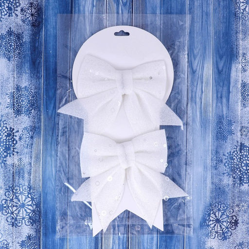 Цена за 2 шт. Ёлочные игрушки 2 шт., бантики, Зимнее волшебство. Бант с пайетками пластик, 1212 см, белый  фото 2