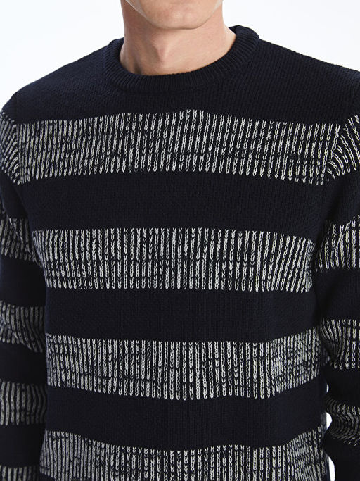 Bisiklet Yaka Uzun Kollu ?izgili Erkek Triko Kazak