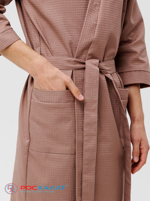Мужской укороченный вафельный халат с планкой коричневый В-05 (21)