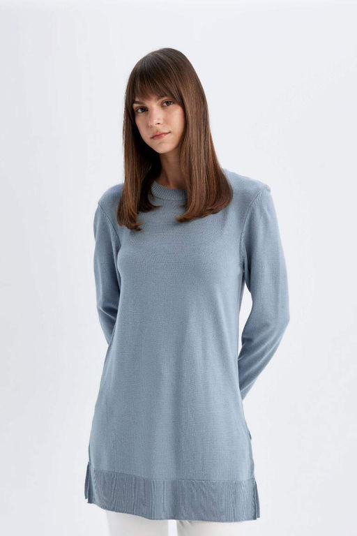 Свитер-туника стандартного кроя с круглым вырезом - Defacto фото 3