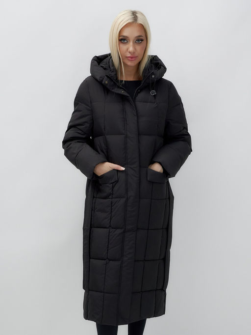 Пальто утепленное стеганное зимнее с капюшоном женское черного цвета 9609Ch - Mtforce фото 11