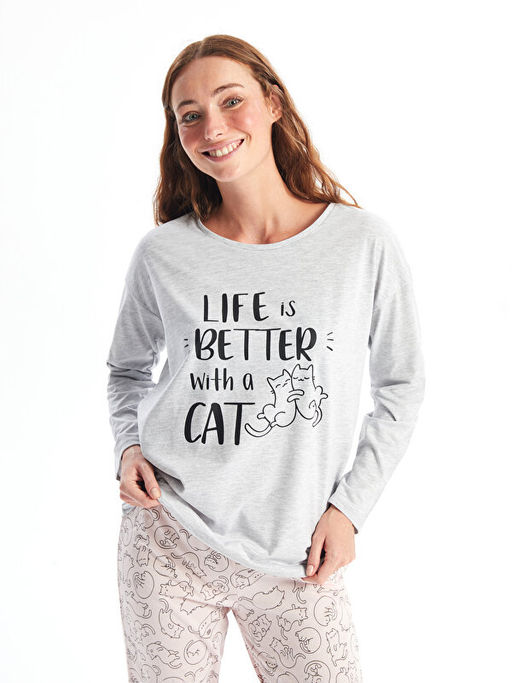 Bisiklet Yaka Bask?l? Uzun Kollu Kad?n Pijama Tak?m?