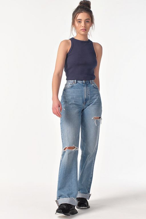 Кроп-топ трикотажный из хлопка темно-синий