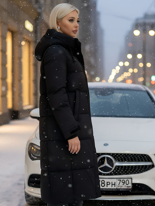 Пальто утепленное стеганное зимнее с капюшоном женское черного цвета 9615Ch - Mtforce фото 18