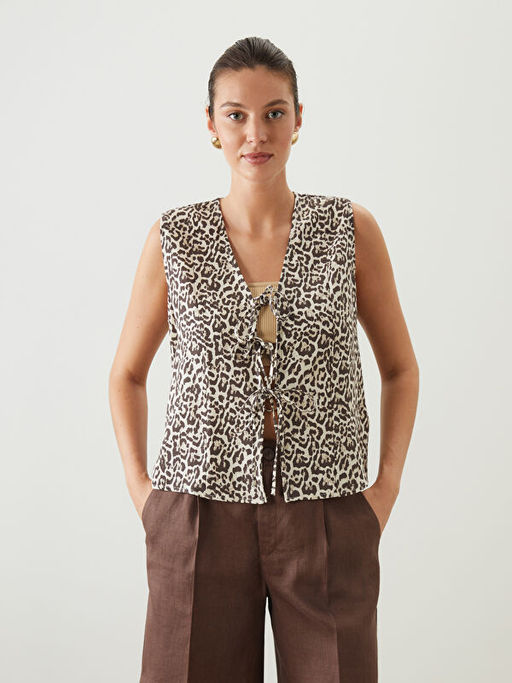 V Yaka Leopar Desenli Bluz