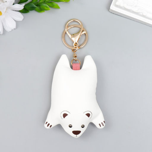 Брелок для ключей на кольце с карабином «Белый мишка - прыжок», на сумку, рюкзак,кожзам, мякиш - антистресс, 10×7 см