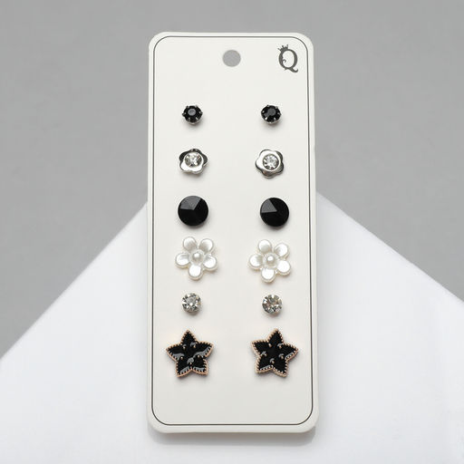 Цена за 2 шт. Серьги пусеты QF Романтика, 6 пар, цветочки, чёрно-белый в серебре