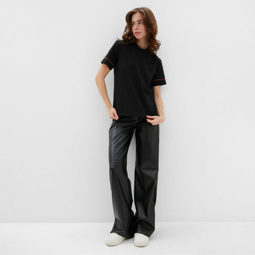 Футболка женская с красным кантом Basic line чёрная, размер 50