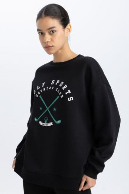 DeFactoFit Oversize Genis Kal?p Bask?l? Kapusonlu Kal?n Sporcu Sweatshirt