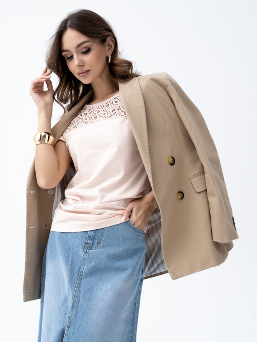 ВИДЕООБЗОР . Футболка с кружевом .арт.180-12,персиковая - Binita фото 5