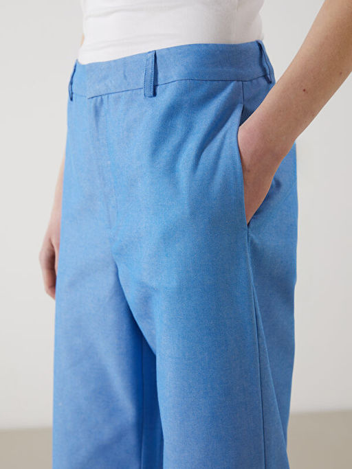 Standart Fit Keten G?r?n?ml? Kad?n Pantolon