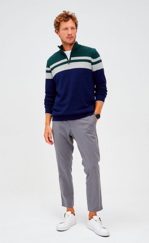 Джемпер мужской в полоску с воротником-стойкой на молнии F221-15-831 сине-зелёный - Fine joyce фото 4