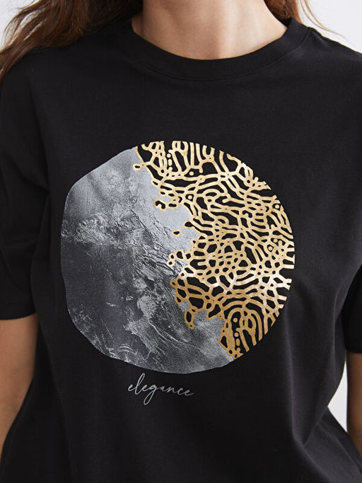 Bisiklet Yaka Bask?l? Oversize Kad?n Ti??rt