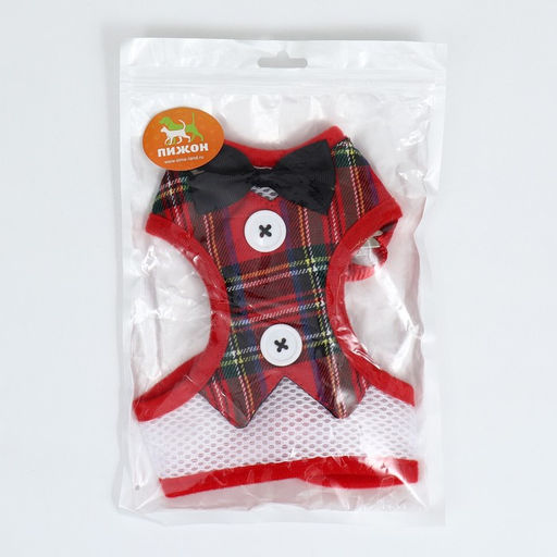 Комплект с мягкой шлейкой и бантиком Клетка, размер M, поводок 120 x 1,5 см, ОГ 28-46 см - Пижон фото 10