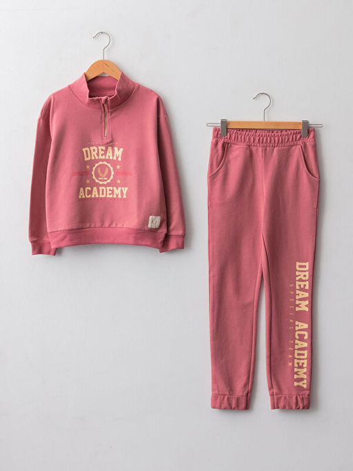 Dik Yaka Bask?l? Uzun Kollu K?z ?ocuk Sweatshirt ve E?ofman Alt?