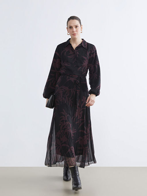 G?mlek Yaka ?i?ekli Pileli ?ifon Elbise