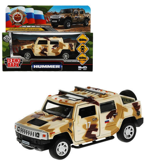Технопарк. Модель "Hummer H2 Пикап Камуфляж" 12 см,мет,двер,ба,инер,песочный арт.HUM2PICKUP-12MIL-BN