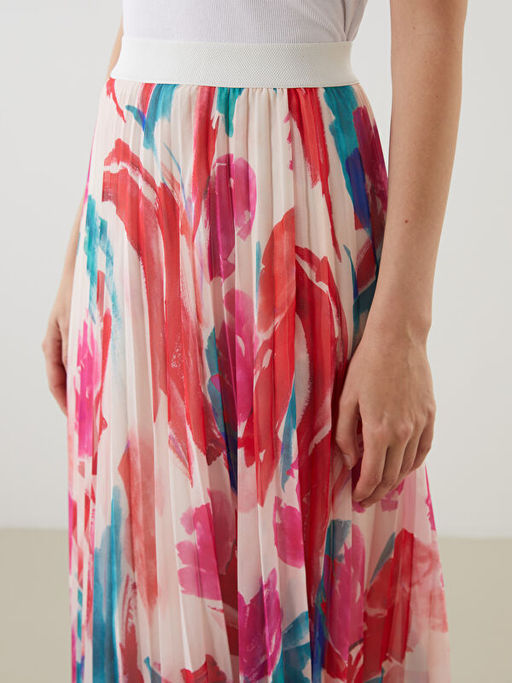 Beli Lastikli Desenli ?ifon Kad?n Pileli Etek