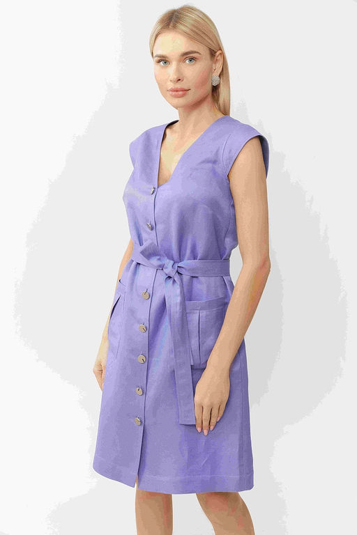 Женственное платье прямого силуэта из премиального костюмного льна нежно-лавандового цвета - Serginnetti фото 3