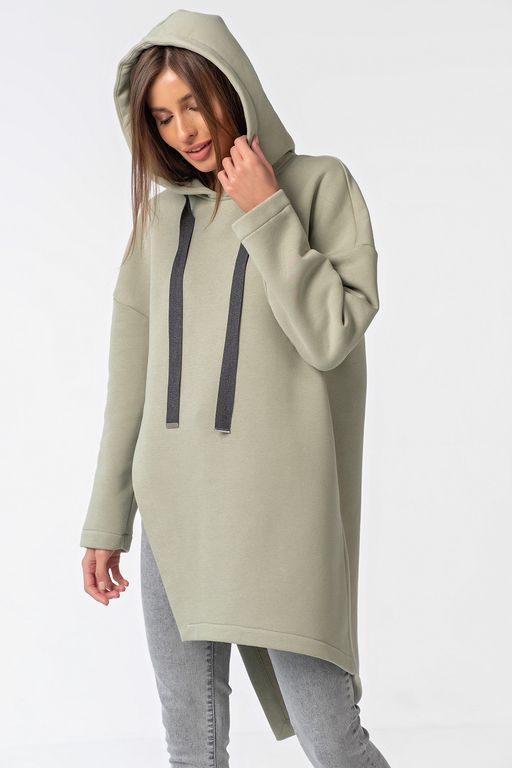 Туника трикотажная теплая с капюшоном из футера зеленая